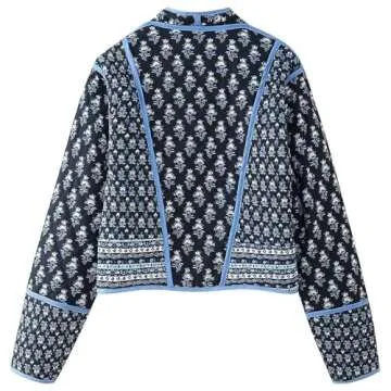 Yimoon Women's Quilted Jacket Lightweight Floral Print Cropped Puffer Coat Short Padded Open Front Winter Outwear(BlackFloral-L)
