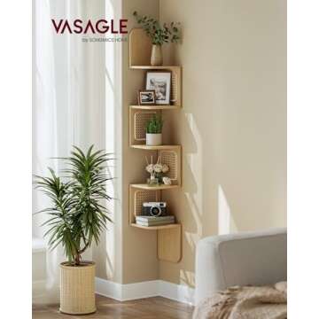 VASAGLE 5-Tier Corner Shelf, Wall Mounted Floating Shelf, Zigzag Corner Shelf Unit, PVC Rattan Sides...