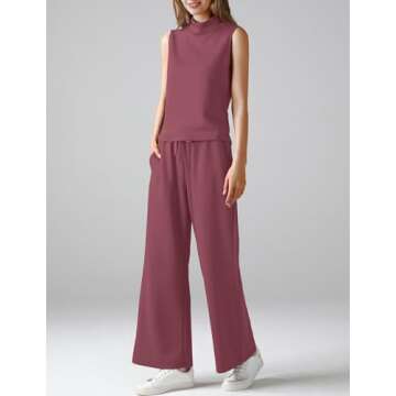 Casly Lamiit Summer Two Piece Outfits 2025 Spring 2 Piece Beach Casual Sweat Suit Sets Wide Leg Crop Pant Lounge Set Travel Vacation Cruise Athletic Clothing Set Tracksuit Fuchsia Plus Size 2XL