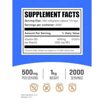 BulkSupplements.com Niacin Powder - Vitamin B3 Supplement, Niacin 500mg - Niacin Flush, Gluten Free,...