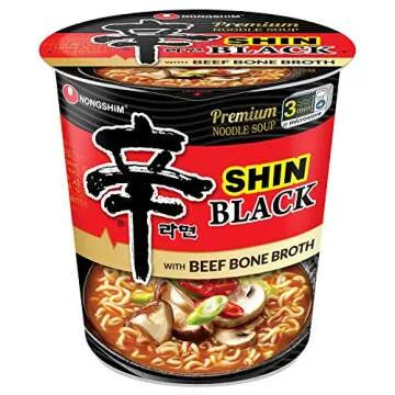 Nongshim Premium Shin Black Instant Ramen Noodle Cup, 6 Pack, Bold & Spicy, Beef Bone Broth, Microwa...