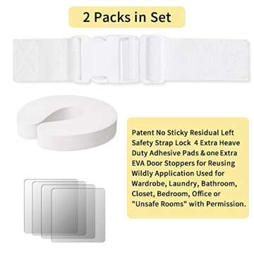 2 Packs Adjustable Dog Proof Door Strap Latch Lock with Door Stopper, Reusable Cat Door Strap, Keep Dog Out of Litter Box Room and Cat Feeder, Install On Door Frame Only Without Damage (White)