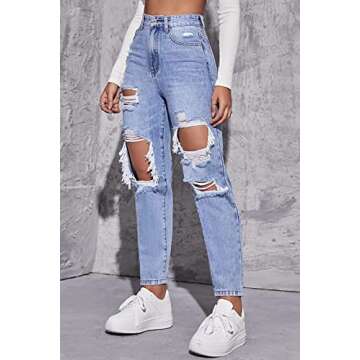 LINUMIN Women's High Waist Straight Leg Ripped Jeans Distressed Denim Pants (Blue, S)