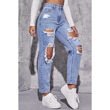 LINUMIN Women's High Waist Straight Leg Ripped Jeans Distressed Denim Pants (Blue, S)