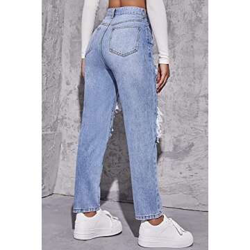 LINUMIN Women's High Waist Straight Leg Ripped Jeans Distressed Denim Pants (Blue, S)