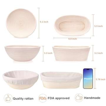 HOMEDISIAC Banneton Bread Proofing Basket Set, 9 Inch Round & 10 Inch Oval, Natural Rattan Material,...