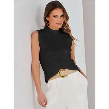 ANRABESS Womens Summer Sleeveless Tops Casual Mock Neck Loose Fit Knit Lightweight Sweater Pullover Top Black-M