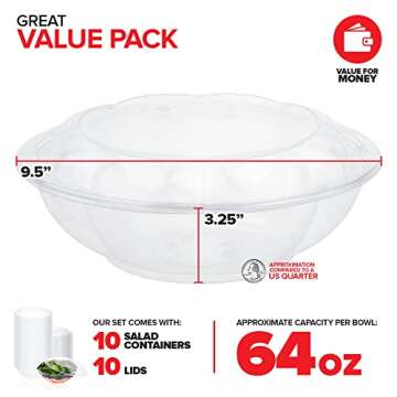 Stock Your Home 64oz Clear Plastic Salad Bowls with Lids Disposable (10 Pack) Extra Large Takeout Co...