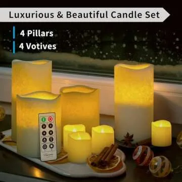 FURORA LIGHTING LED Flameless Candles with Remote Control, White in Set of 8, Real Wax Battery Operated Pillars and Votives LED Candles with Flickering Flame and Timer Featured