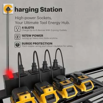 Spampur Power Tool Organizer Wall Mount with Charging Station, 4/6/8 Slots for Cordless Drill, Tool Storage with 4 Outlet Power Strip, Drill Bit Heavy Duty Rack, 3 Layers Garage Shelving for Workshop