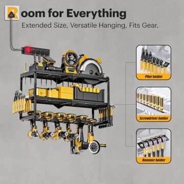 Spampur Power Tool Organizer Wall Mount with Charging Station, 4/6/8 Slots for Cordless Drill, Tool Storage with 4 Outlet Power Strip, Drill Bit Heavy Duty Rack, 3 Layers Garage Shelving for Workshop