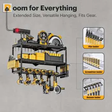 Spampur Power Tool Organizer Wall Mount with Charging Station, 4/6/8 Slots for Cordless Drill, Tool Storage with 4 Outlet Power Strip, Drill Bit Heavy Duty Rack, 3 Layers Garage Shelving for Workshop