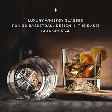 JoyJolt Swish Crystal Whiskey Glasses Set 4 'Basketball' Whiskey Glass. 10oz Old Fashioned Glass. Rocks Glass Scotch Glasses, Bourbon Glass Tumbler, Liquor Drink Glasses or Short Cocktail Glass