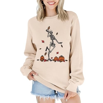 SOFEON Halloween Dancing Skeleton Sweatshirt Women Pumpkin Skull Graphic Fall Shirt Spooky Season Cr...