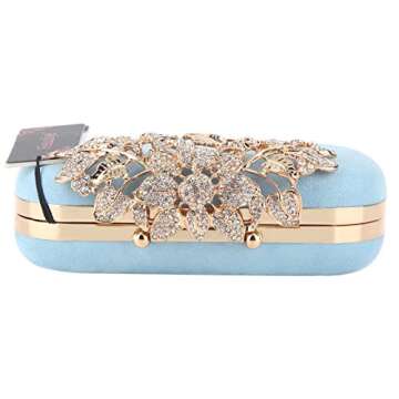 Fawziya Flower Purse With Rhinestones Velvet Clutch Evening Bags (AB Lake Blue)