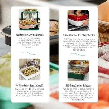 Fancy Panz Classic, Food Serving Tray, Made in the USA Foil Pan Carrier, Stackable Aluminum Pan Holders with Clear Lid, Travel Casserole Carrier With 1 Disposable Foil Pan & Serving Spoon, Green