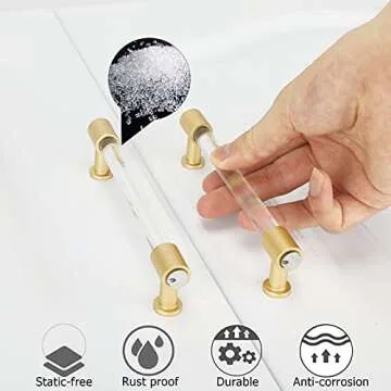 goldenwarm 5 Pack Acrylic Clear Drawer Pulls 3in Lucite Dresser Pulls - LS6164BB76 Brushed Brass Kitchen Cabinet Hardware Bedroom Furniture Hardware, 76mm Hole Spacing