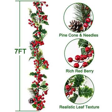 Jelofly 7FT Red Berry Christmas Garland with Pine Cone Needle Garland Christmas Xmas Decorations Ind...