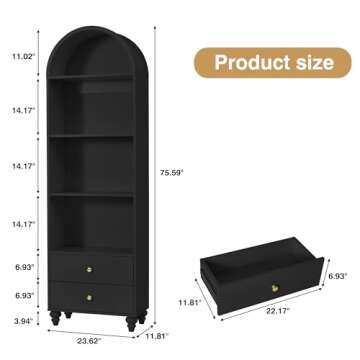 NVETHM 75.59" Tall Bookcase, 4 Tier Arched Bookshelf with 2 Drawers, Modern Book Display Storage Cab...