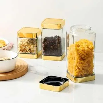 BETTWILL Glass Storage Jars-Large Kitchen Glass Canisters with Airtight Lids -Coffee Pasta Sugar Tea Snack Nuts Cookie Flour Food Container - Set of 3-Gold Color.