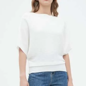 Boat Neck Batwing Sleeves Dolman Knitted Sweaters Autumn Summer Pullovers Tops for Women White