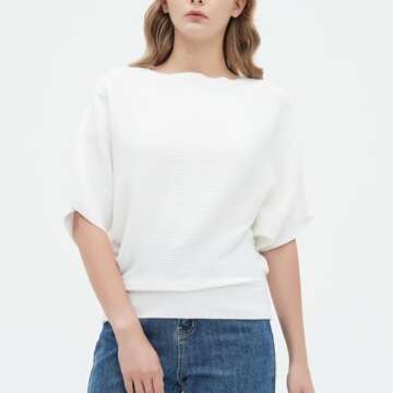 Boat Neck Batwing Sleeves Dolman Knitted Sweaters Autumn Summer Pullovers Tops for Women White