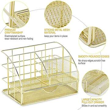 POPRUN Desk Organizers and Accessories for Women with Drawer, Cute Desk Supplies and Stationary Oganizer for Home and Office Desk Decor, Metal Mesh Desk Organization and Storage (Gold)