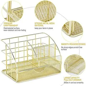 POPRUN Desk Organizers and Accessories for Women with Drawer, Cute Desk Supplies and Stationary Oganizer for Home and Office Desk Decor, Metal Mesh Desk Organization and Storage (Gold)