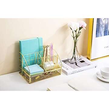 POPRUN Desk Organizers and Accessories for Women with Drawer, Cute Desk Supplies and Stationary Oganizer for Home and Office Desk Decor, Metal Mesh Desk Organization and Storage (Gold)