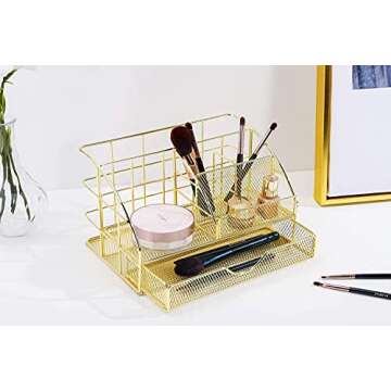 POPRUN Desk Organizers and Accessories for Women with Drawer, Cute Desk Supplies and Stationary Oganizer for Home and Office Desk Decor, Metal Mesh Desk Organization and Storage (Gold)
