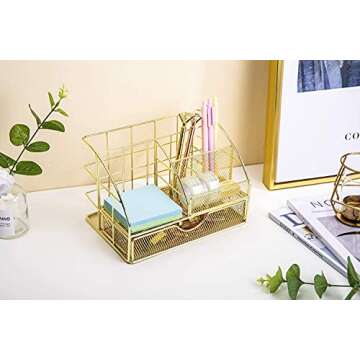 POPRUN Desk Organizers and Accessories for Women with Drawer, Cute Desk Supplies and Stationary Oganizer for Home and Office Desk Decor, Metal Mesh Desk Organization and Storage (Gold)