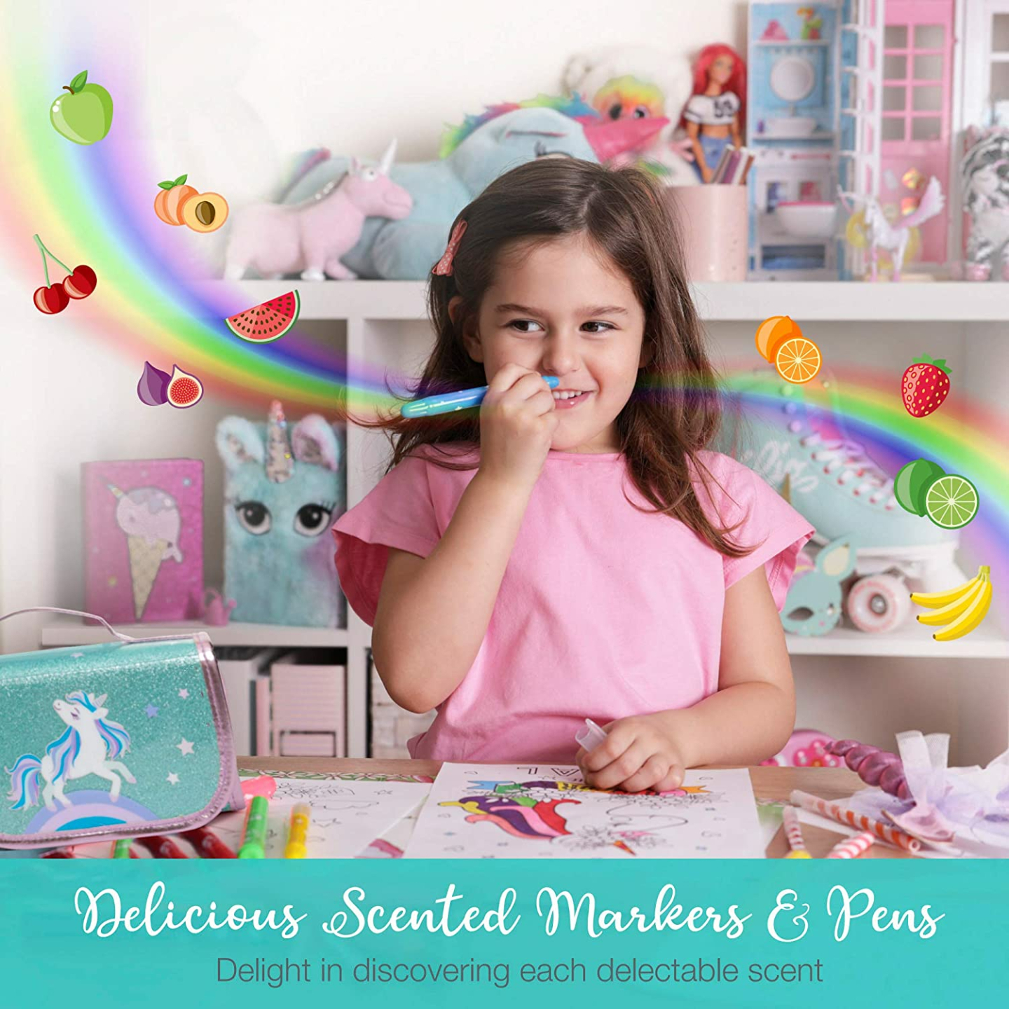 Fruit Scented Markers Set with Unicorn Pencil Case