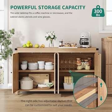 YITAHOME Farmhouse Sideboard Buffet Cabinet with Storage with 4 Doors, 55'' Large Kitchen Storage Cabinet, Wood Coffee Bar Cabinet with Adjustable Shelf for Kitchen, Living Room, Oak