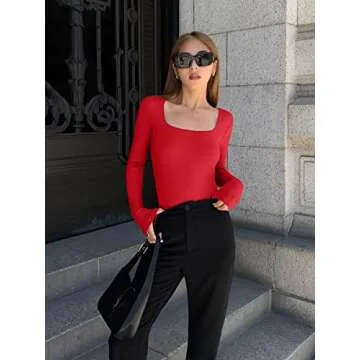 OQQ Women's Sexy Ribbed Bodysuits - Trendy Long Sleeve Tops
