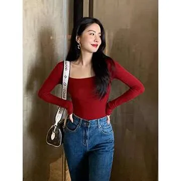 OQQ Women's Sexy Ribbed Bodysuits - Trendy Long Sleeve Tops