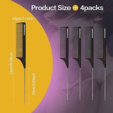 Goodofferplace 4 PCS Rat Tail Combs Parting Rattail Combs Teasing Fine Tooth Comb with Metal Pick fo...