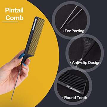 Goodofferplace 4 PCS Rat Tail Combs Parting Rattail Combs Teasing Fine Tooth Comb with Metal Pick for Curly Hair,Detangling Combs for Women,Parting Combs for Braiding,Styling Hair(Black)