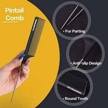 Goodofferplace 4 PCS Rat Tail Combs Parting Rattail Combs Teasing Fine Tooth Comb with Metal Pick for Curly Hair,Detangling Combs for Women,Parting Combs for Braiding,Styling Hair(Black)