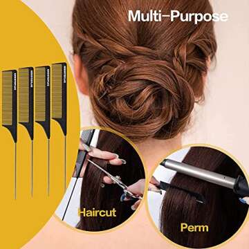 Goodofferplace 4 PCS Rat Tail Combs Parting Rattail Combs Teasing Fine Tooth Comb with Metal Pick for Curly Hair,Detangling Combs for Women,Parting Combs for Braiding,Styling Hair(Black)