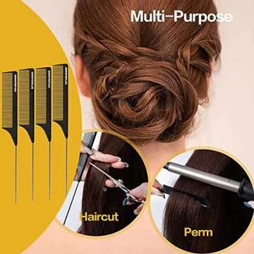 Goodofferplace 4 PCS Rat Tail Combs Parting Rattail Combs Teasing Fine Tooth Comb with Metal Pick for Curly Hair,Detangling Combs for Women,Parting Combs for Braiding,Styling Hair(Black)