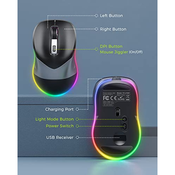 PEIOUS Wireless Mouse Jiggler Rechargeable Silent Black Grey