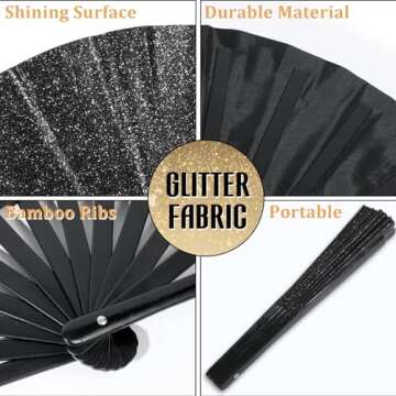 Qyeahkj Glitter Large Folding Hand Fan Black Rave Clack Handheld Fan Chinese Tai Chi Kung Fu Fan Foldable Fabric Fan Decorative for EDM Club Party Dance Performance for Men Women