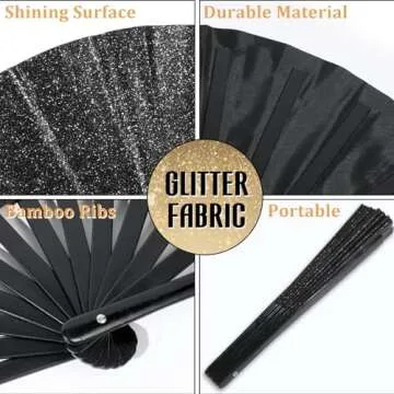 Qyeahkj Glitter Large Folding Hand Fan Black Rave Clack Handheld Fan Chinese Tai Chi Kung Fu Fan Foldable Fabric Fan Decorative for EDM Club Party Dance Performance for Men Women