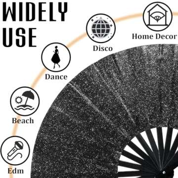 Qyeahkj Glitter Large Folding Hand Fan Black Rave Clack Handheld Fan Chinese Tai Chi Kung Fu Fan Foldable Fabric Fan Decorative for EDM Club Party Dance Performance for Men Women
