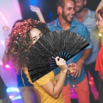 Qyeahkj Glitter Large Folding Hand Fan Black Rave Clack Handheld Fan Chinese Tai Chi Kung Fu Fan Foldable Fabric Fan Decorative for EDM Club Party Dance Performance for Men Women
