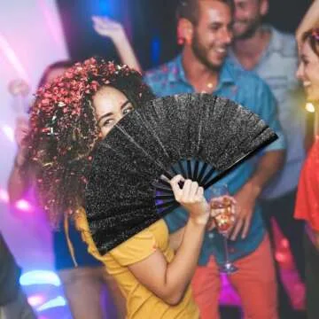 Qyeahkj Glitter Large Folding Hand Fan Black Rave Clack Handheld Fan Chinese Tai Chi Kung Fu Fan Foldable Fabric Fan Decorative for EDM Club Party Dance Performance for Men Women