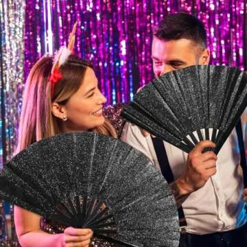 Qyeahkj Glitter Large Folding Hand Fan Black Rave Clack Handheld Fan Chinese Tai Chi Kung Fu Fan Foldable Fabric Fan Decorative for EDM Club Party Dance Performance for Men Women