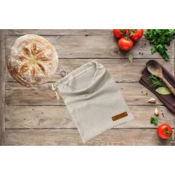 Bread Bags, Rustic White Stripe Linen, Personalized Gifts for Homemade Sourdough, Reusable For Produ...