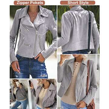 GOSOPIN Women Leather Faux Suede Zipped Motorcycle Jacket Notch Collar PU Moto Biker Short Coat Casu...