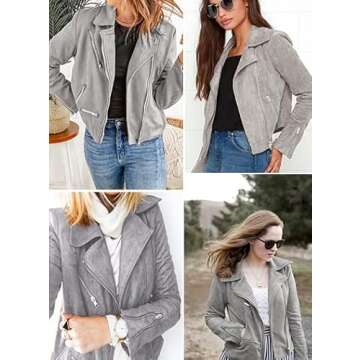 GOSOPIN Women Leather Faux Suede Zipped Motorcycle Jacket Notch Collar PU Moto Biker Short Coat Casual Fashion Zip Party Fitted Slim Outwear with Pockets Small Light Gray